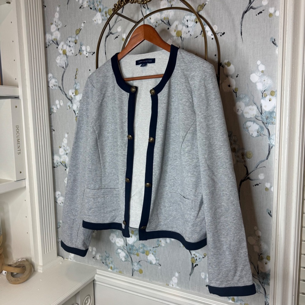 Tommy Hilfiger Womens Gray Navy Trim Gold Button Open Front Cardigan Jacket XL - Picture 2 of 6